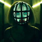 Woman in Black Grid Mask in Dimly Lit Corridor with Yellow Lights