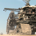 Giant walking mechanical structure in desert with smaller vehicles under hazy sky