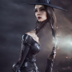 Woman in witch costume with pointed hat, dark attire, and smoldering object against cloudy backdrop
