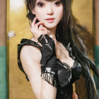 Digital artwork: Young woman with large eyes, long black hair, dark lace outfit