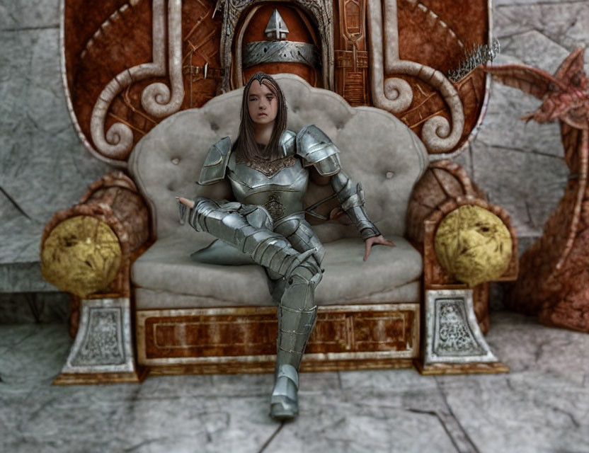 Digital artwork of female warrior in silver armor on dragon-themed throne