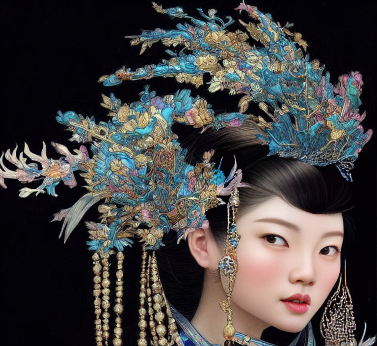 Traditional Chinese headdress with intricate patterns and feathers on dark background