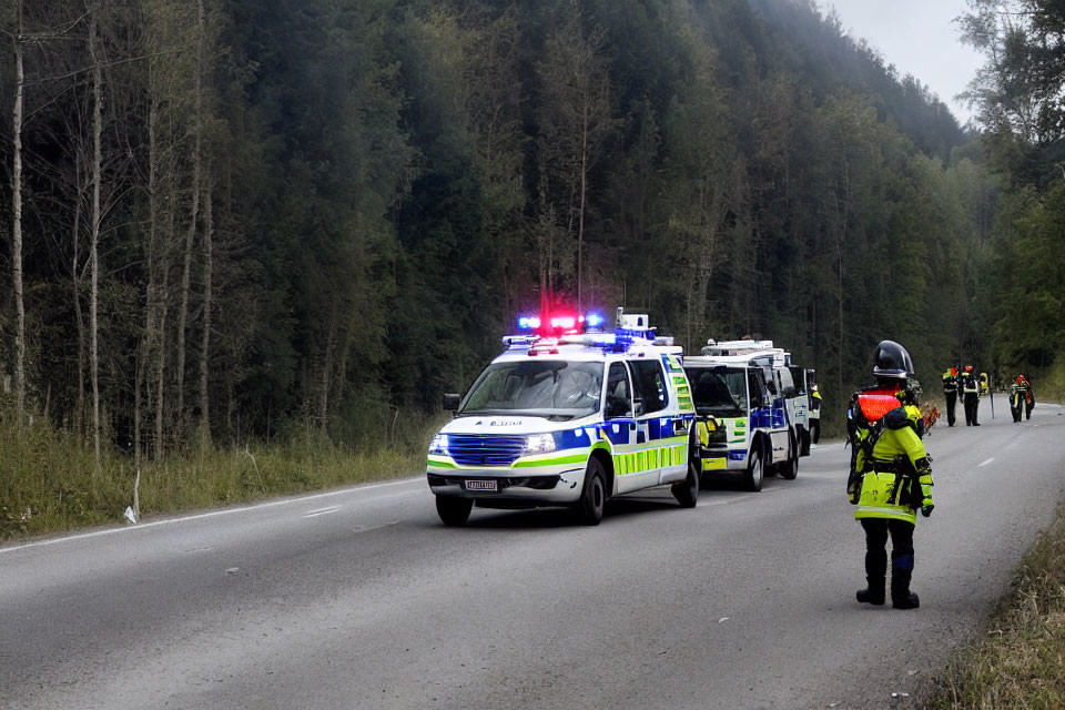 Police vehicles with flashing lights blocking road in forested area with officers nearby.