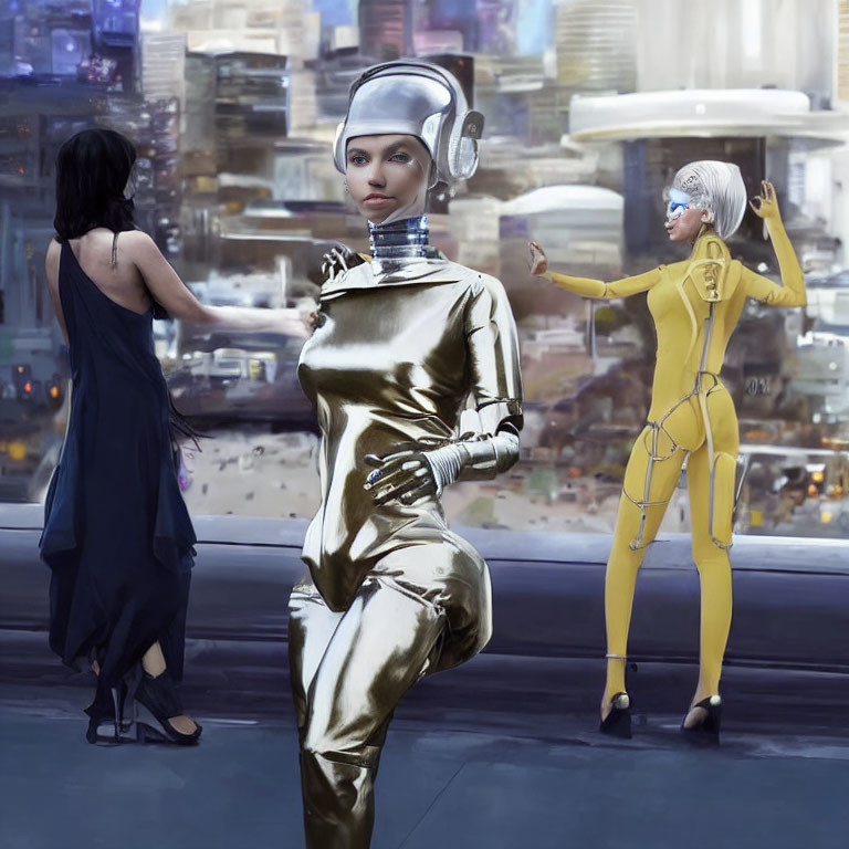 Futuristic image featuring three individuals in blue, shiny suit, and yellow with cityscape.