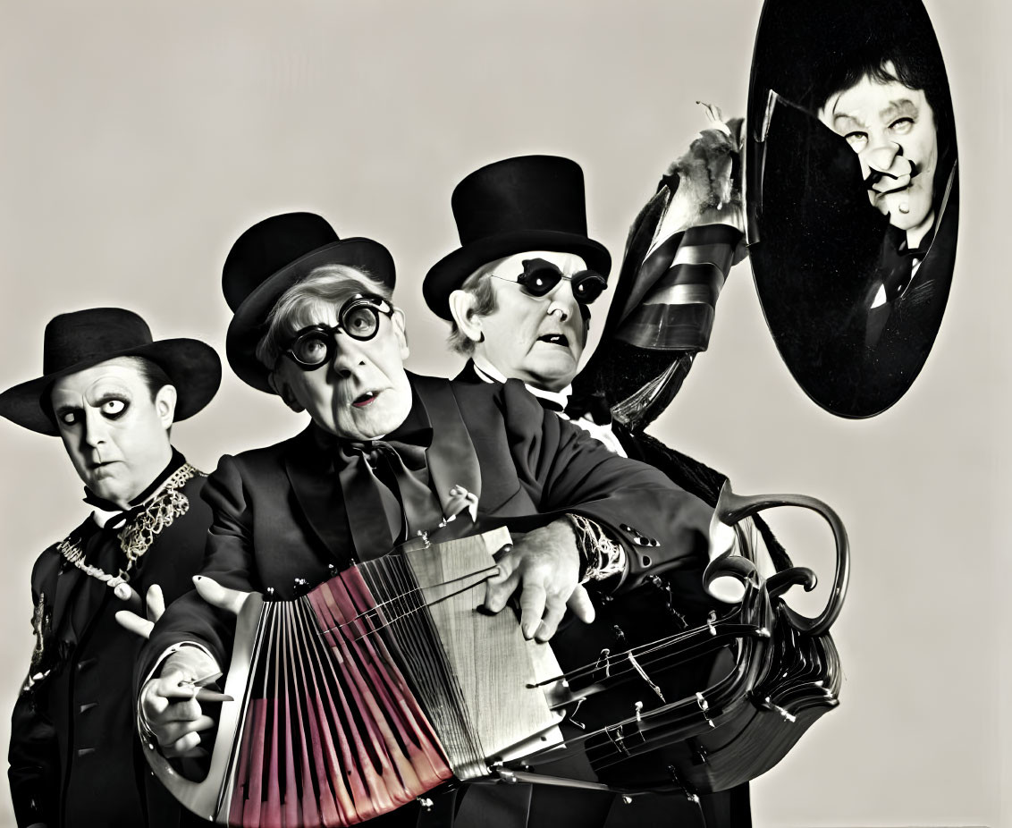 Vintage-style performers with exaggerated expressions in monochrome.