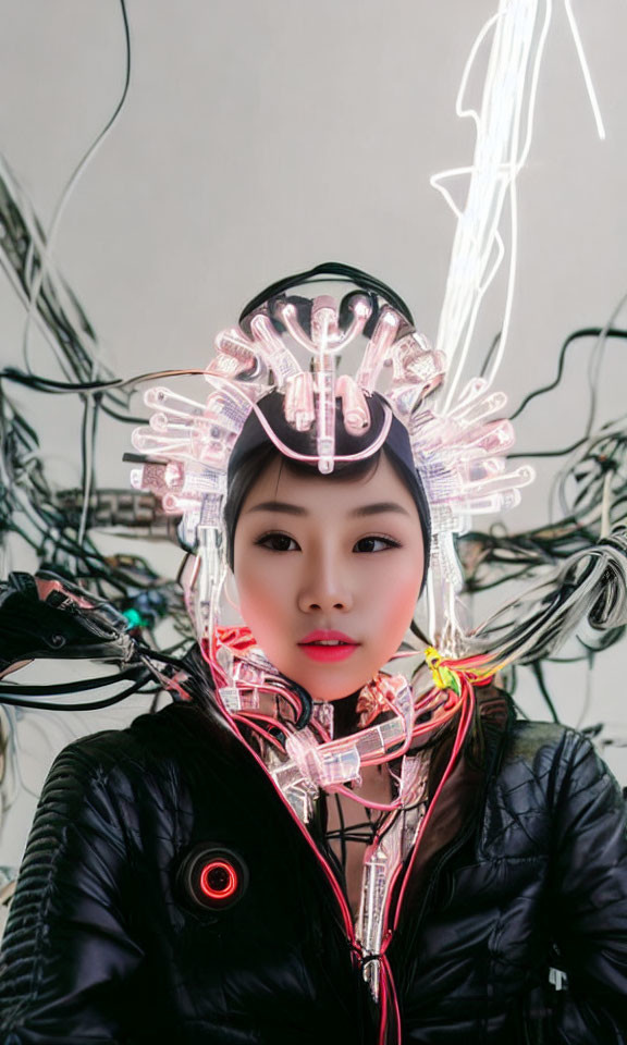 Futuristic woman with neon headpiece and cables in modern setting