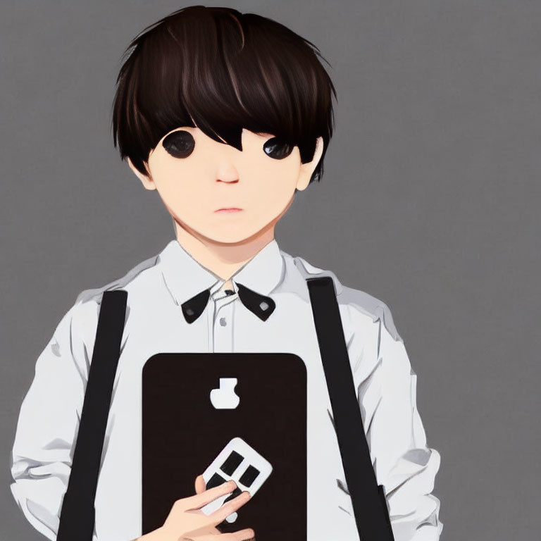 Young boy anime-style illustration with dark hair, holding clipboard and card, white shirt with suspenders,