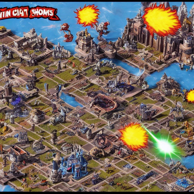 Detailed Strategy Game Map with Futuristic Cities and Explosions