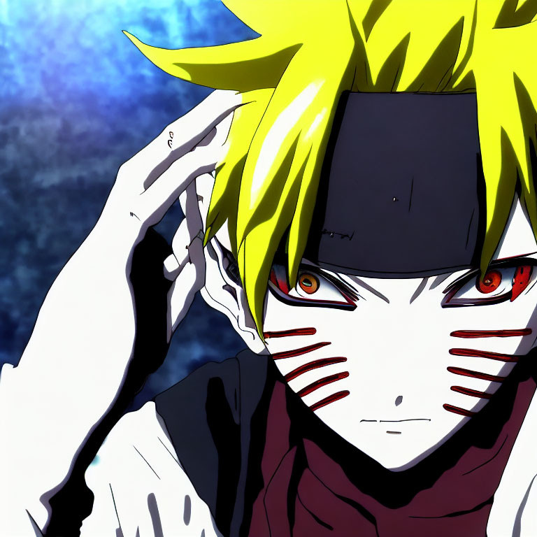 Spiky Yellow-Haired Animated Character with Red Eyes and Whisker-Like Marks