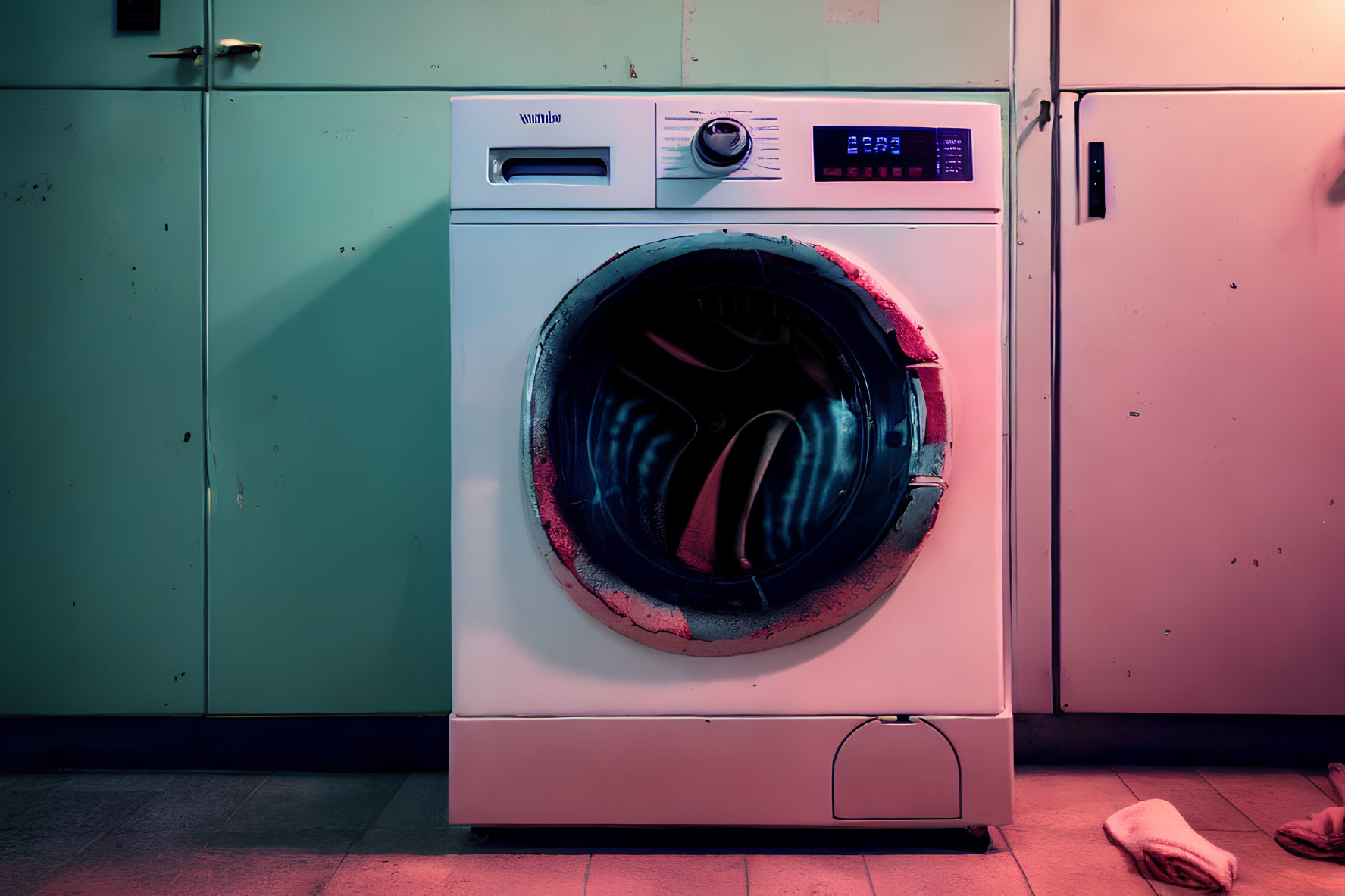 Teal-walled room with front-loading washing machine, suds, and towels