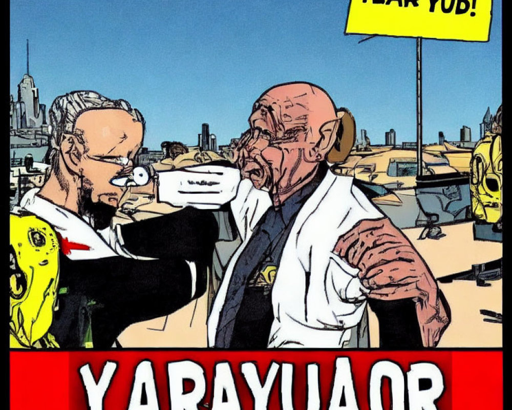 Comic-style artwork of two men with gun pointing.