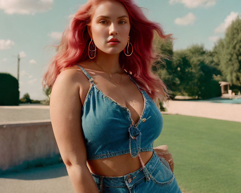 Vibrant pink hair woman in blue tank top and high-waisted jeans confidently poses outdoors