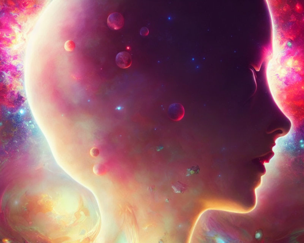 Surreal human profile merges with cosmic scene filled with stars and planets