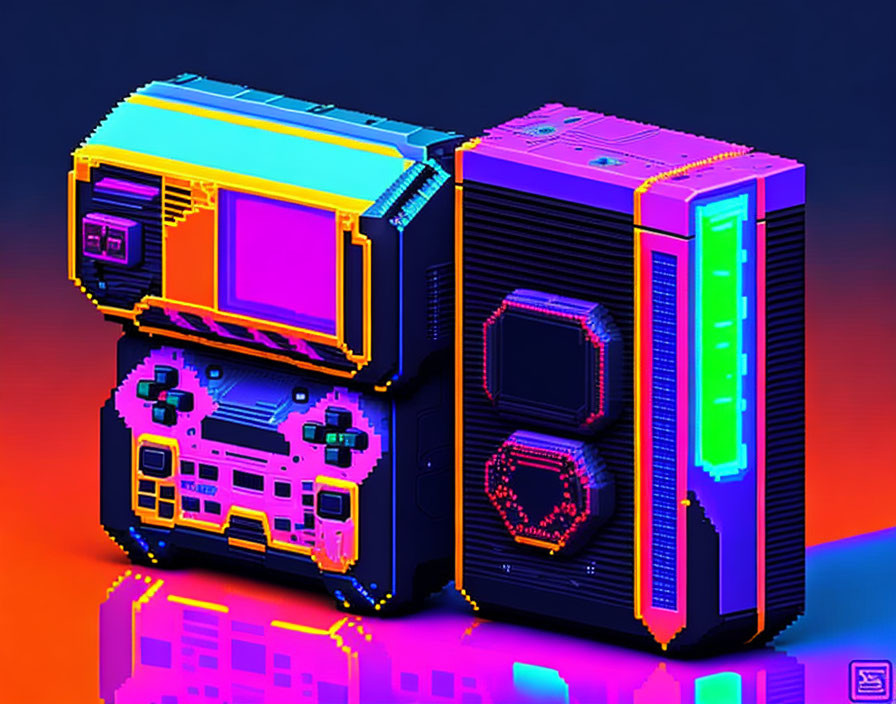 Colorful 3D artwork of retro-futuristic devices on reflective surface