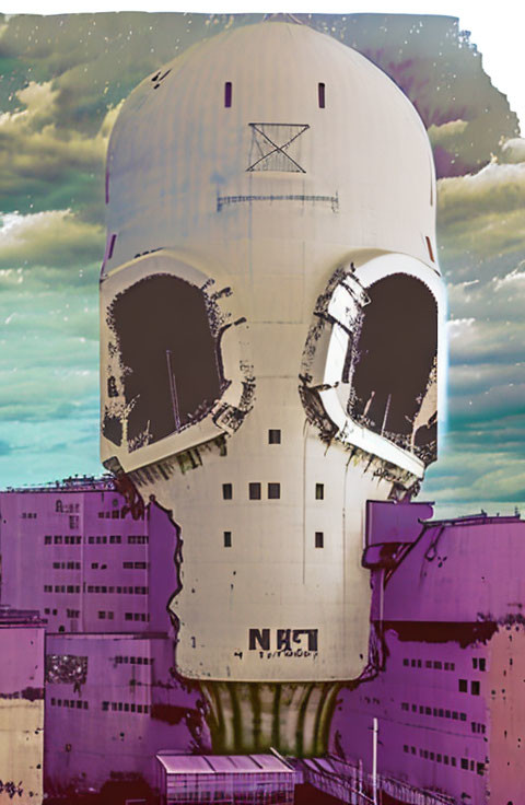 Skull-like facade on towering structure under dramatic sky