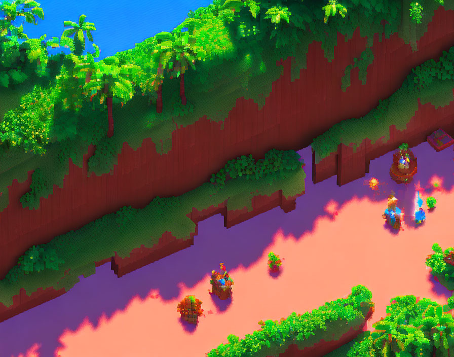 Colorful Voxel Landscape: Cliff, Jungle, River, Boats, Characters