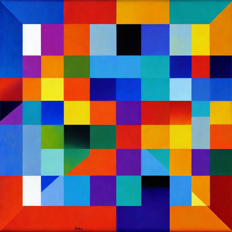 Vibrant Geometric Abstract Painting with Colorful Squares on Blue Background