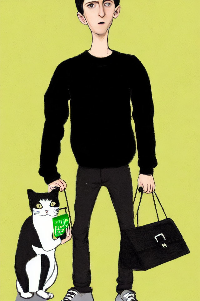 Illustration of young person with black bag and cat holding green packet on yellow background