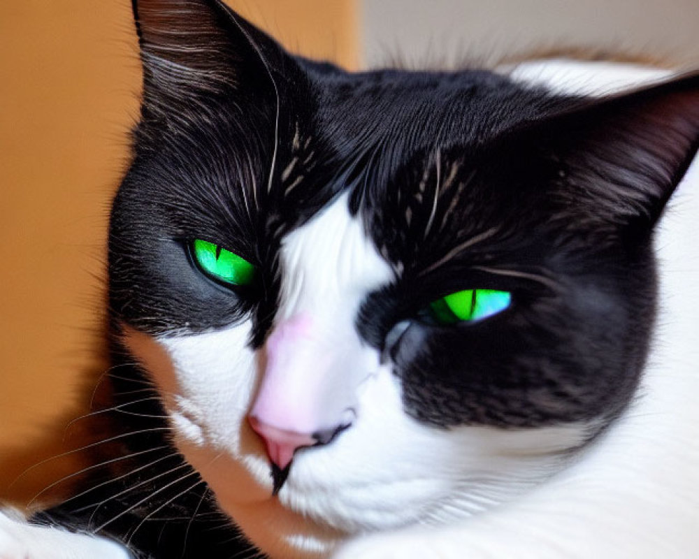 Black and White Cat with Striking Green Eyes Peeking Behind Wall