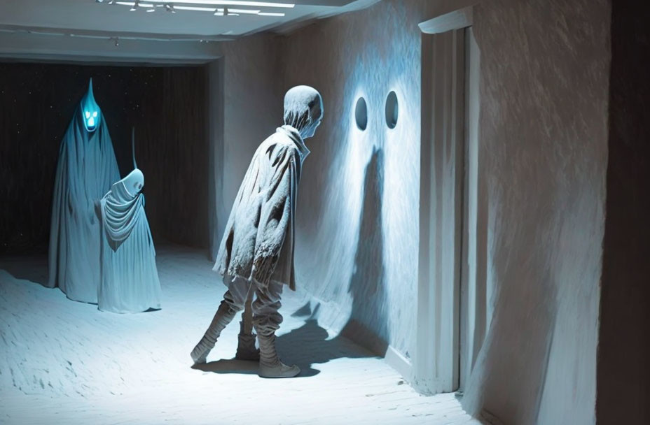 Cloaked figure in dimly lit room with ghostly figures and blue-hued silhouette