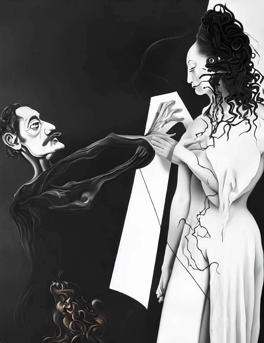 Monochromatic surreal artwork of slender man handing paper to statue-like woman