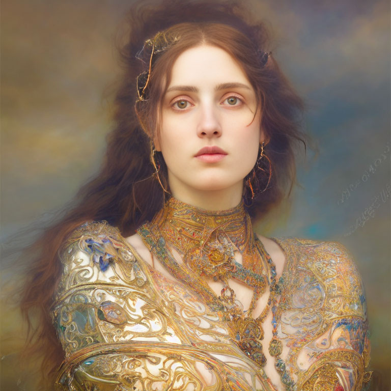 Long-haired woman in golden headpiece and outfit against cloudy backdrop