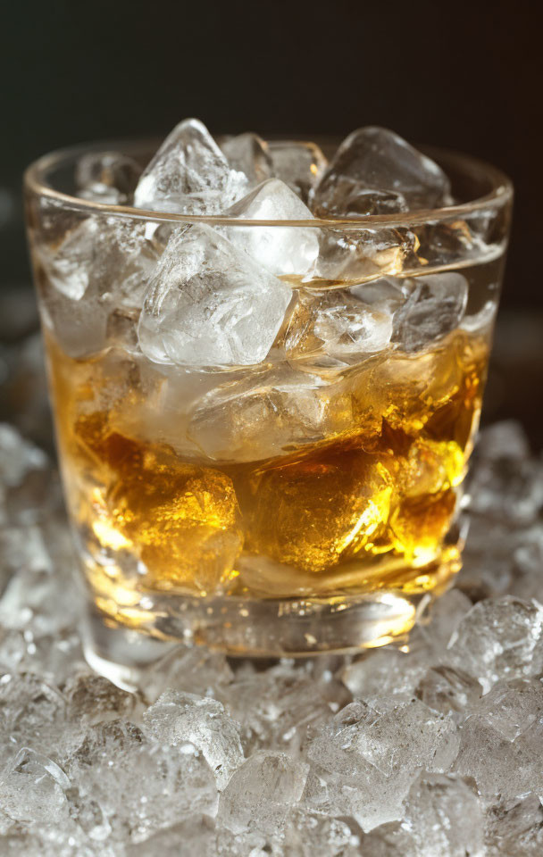 Glass of Whiskey with Ice Cubes on Crushed Ice and Dark Background