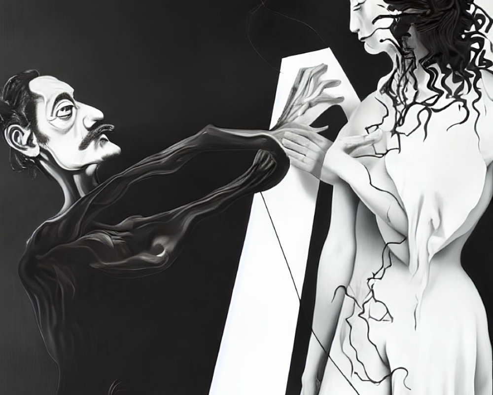 Monochromatic surreal artwork of slender man handing paper to statue-like woman