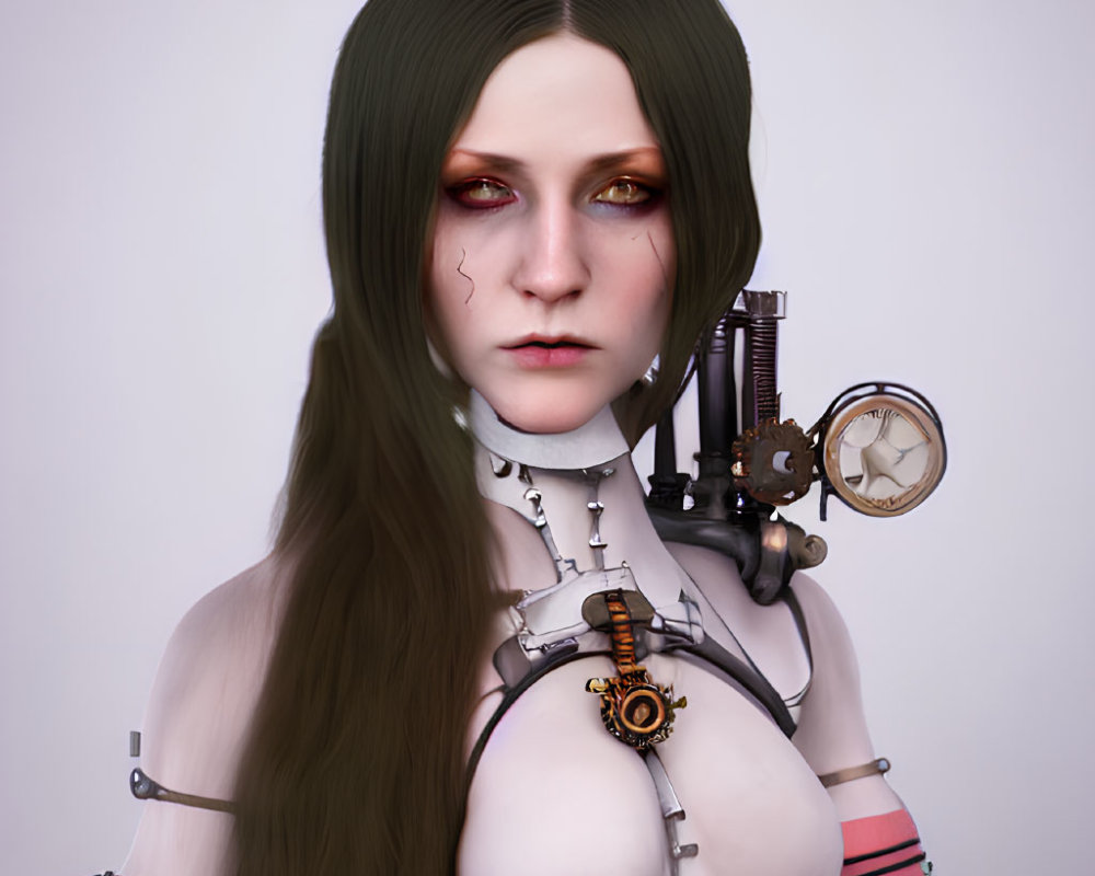 Digital artwork of female with mechanized neck accessories, brown hair, red eyes, clock, and gears