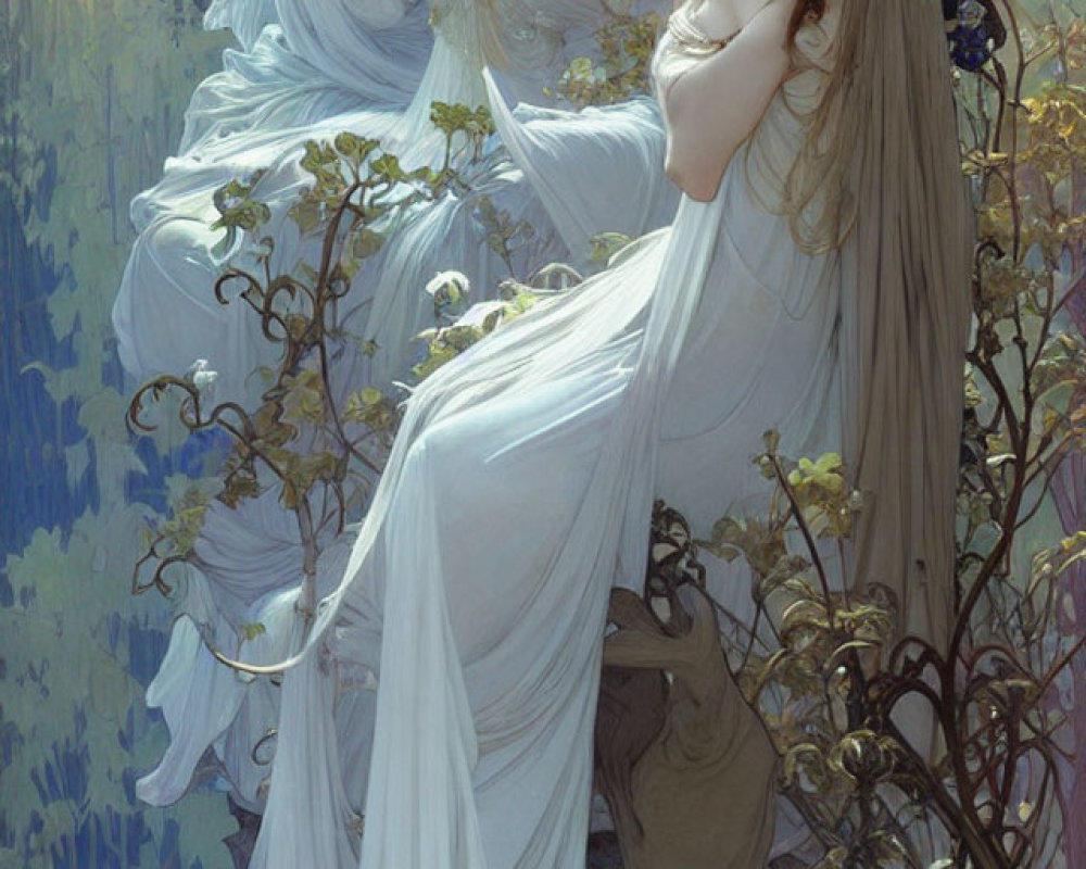 Ethereal women in white gowns amidst lush greenery adjusting crown