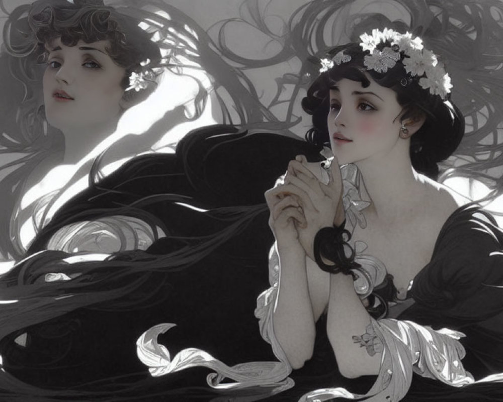 Illustrated woman with dark hair and white flowers, gazing introspectively beside mirrored image