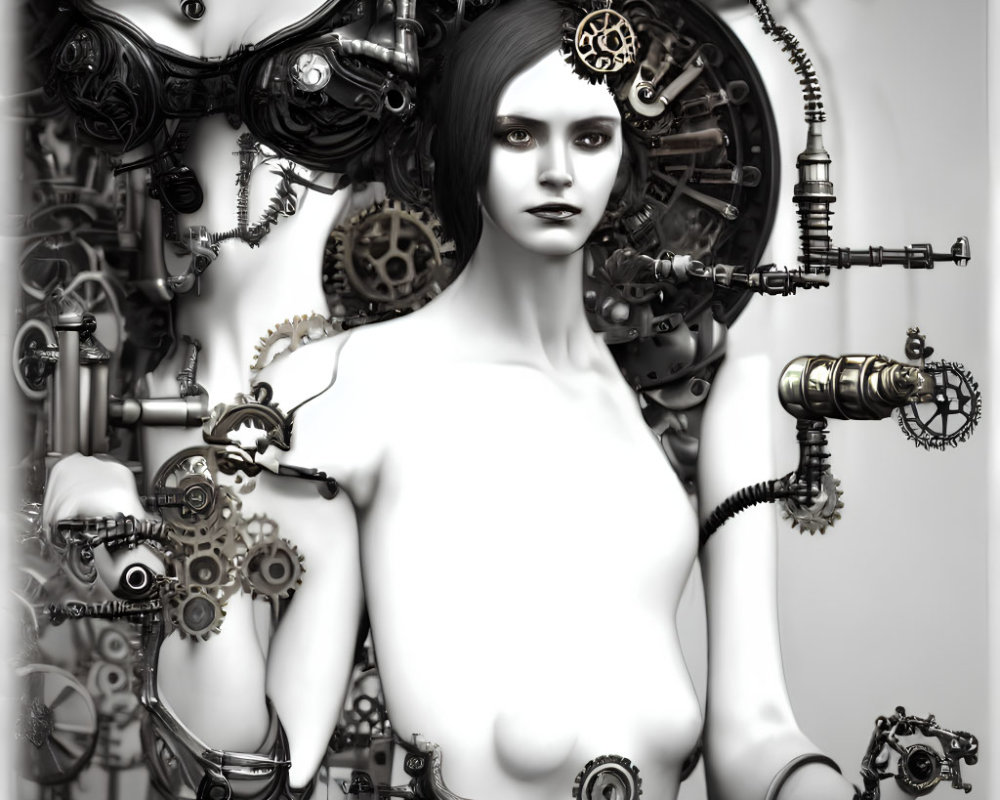 Monochromatic steampunk artwork of female figure with mechanical wings and arms