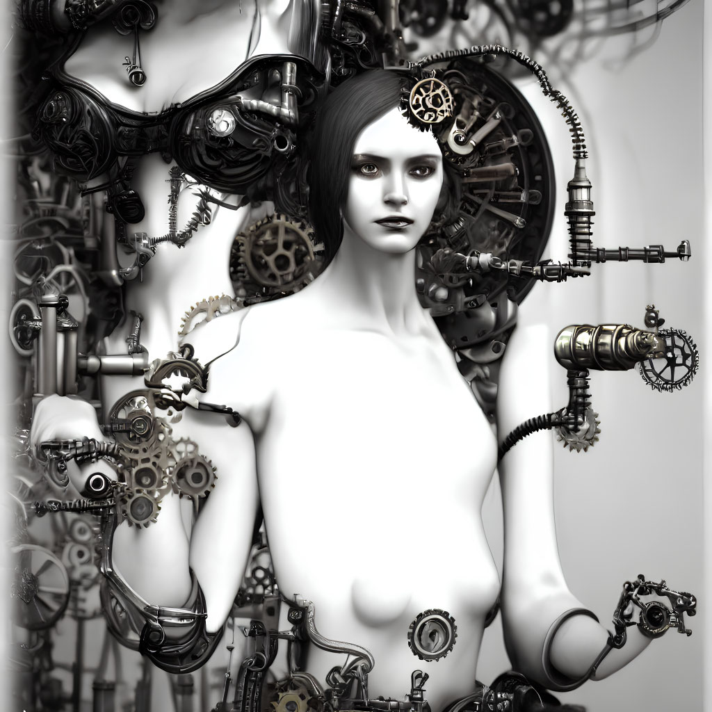 Monochromatic steampunk artwork of female figure with mechanical wings and arms