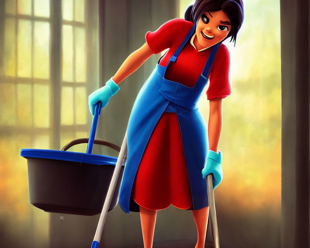 Young woman in red and blue dress with rubber gloves holding mop near sunny window