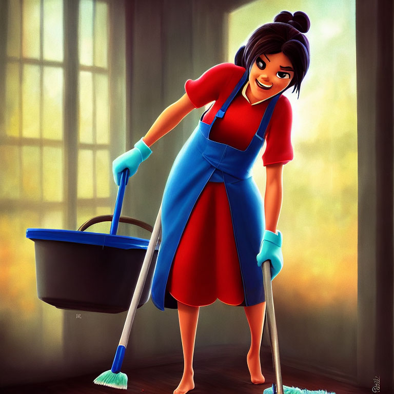 Young woman in red and blue dress with rubber gloves holding mop near sunny window