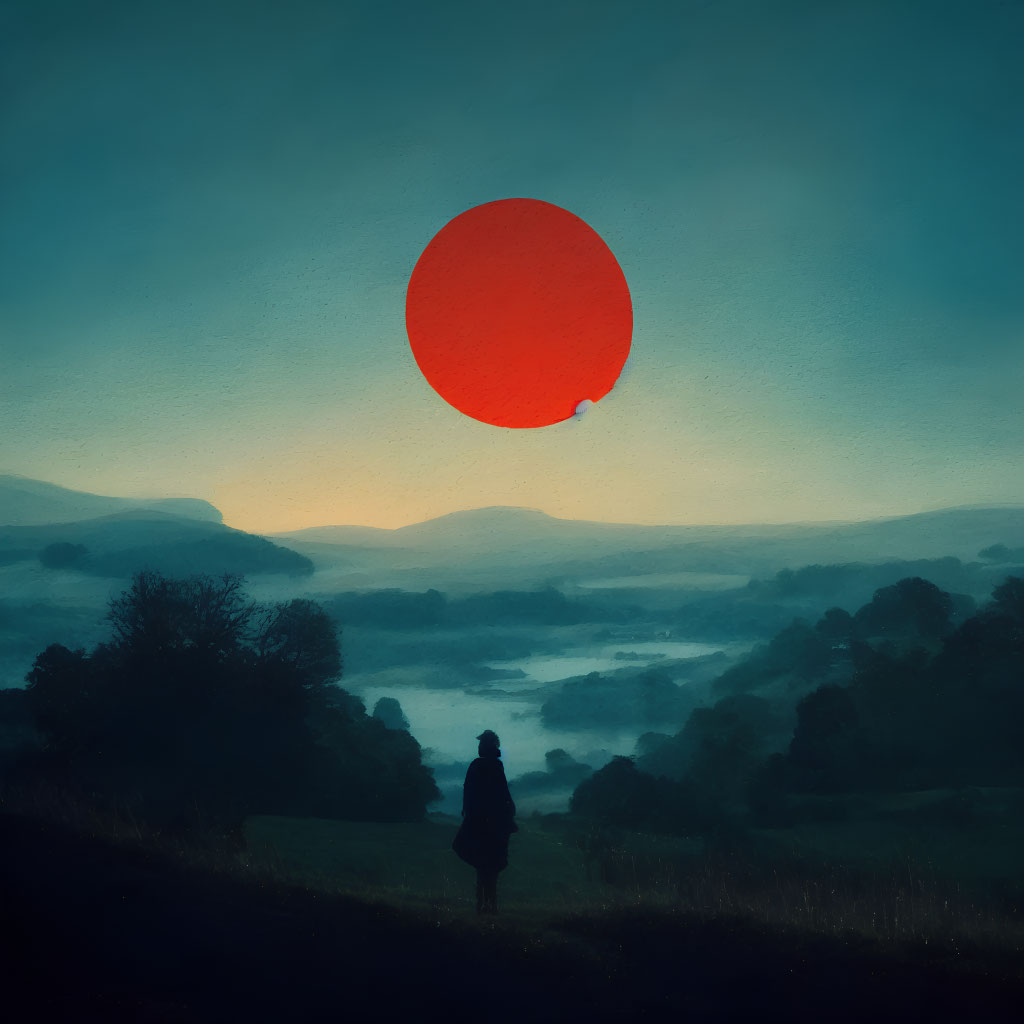 Person on Hill Overlooking Misty Landscape with Red Sun or Balloon