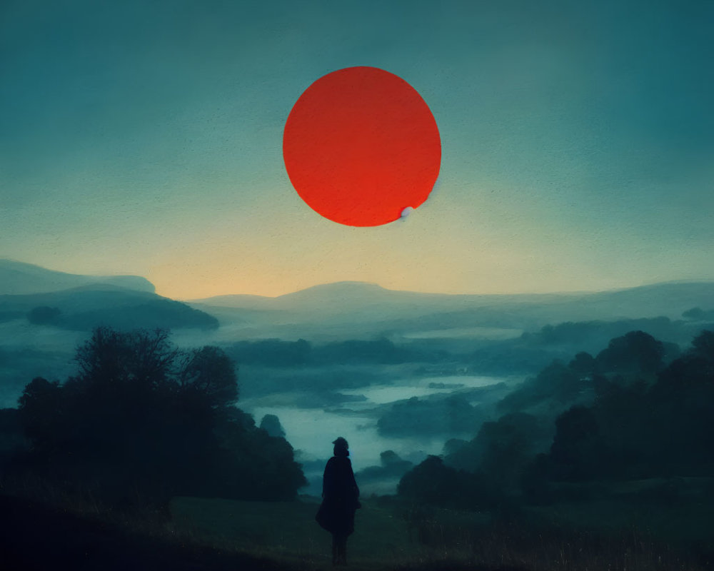 Person on Hill Overlooking Misty Landscape with Red Sun or Balloon