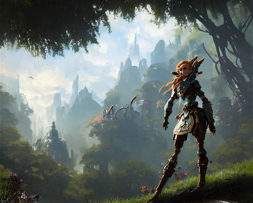 Female warrior in ornate armor in lush fantasy forest with ruins and distant city under hazy sky