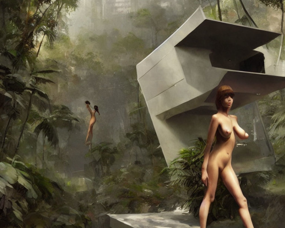 Futuristic structure in lush jungle with two figures