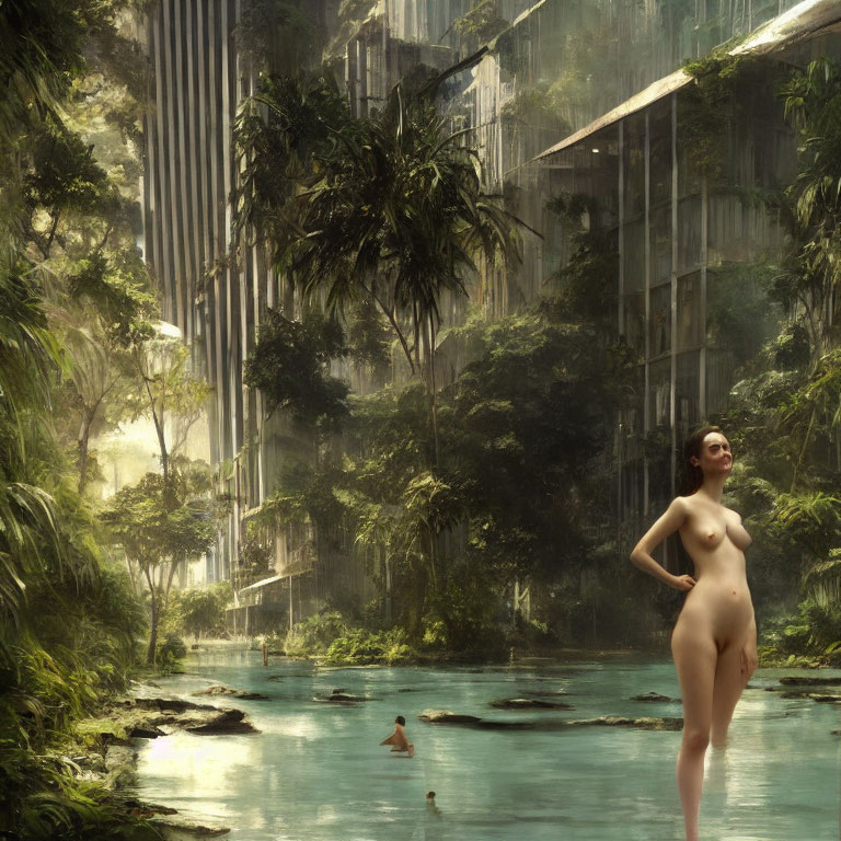 Futuristic jungle with river, glass buildings, and nude woman