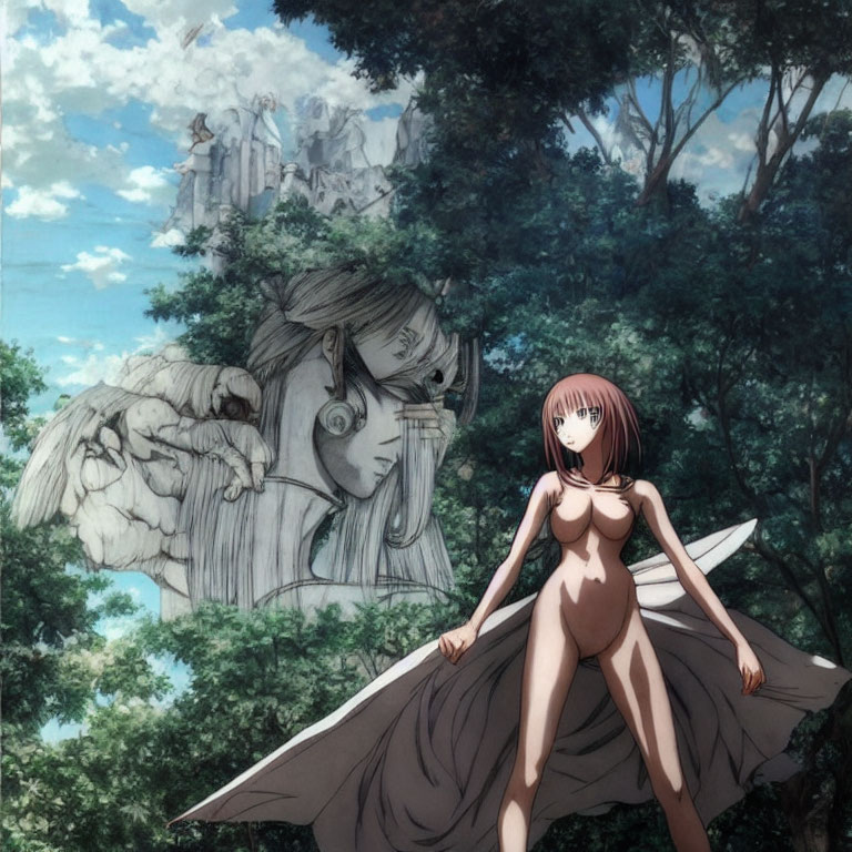 Red-haired female anime character in brown outfit in lush forest with stone face sculpture