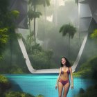 Woman in futuristic jungle by serene blue pond