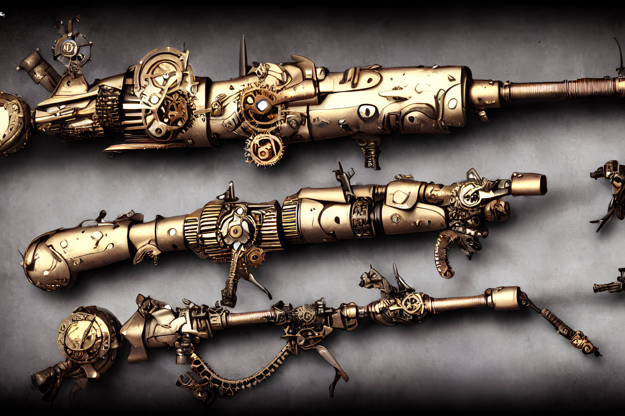 Steampunk-style ray guns with intricate gears on metallic background