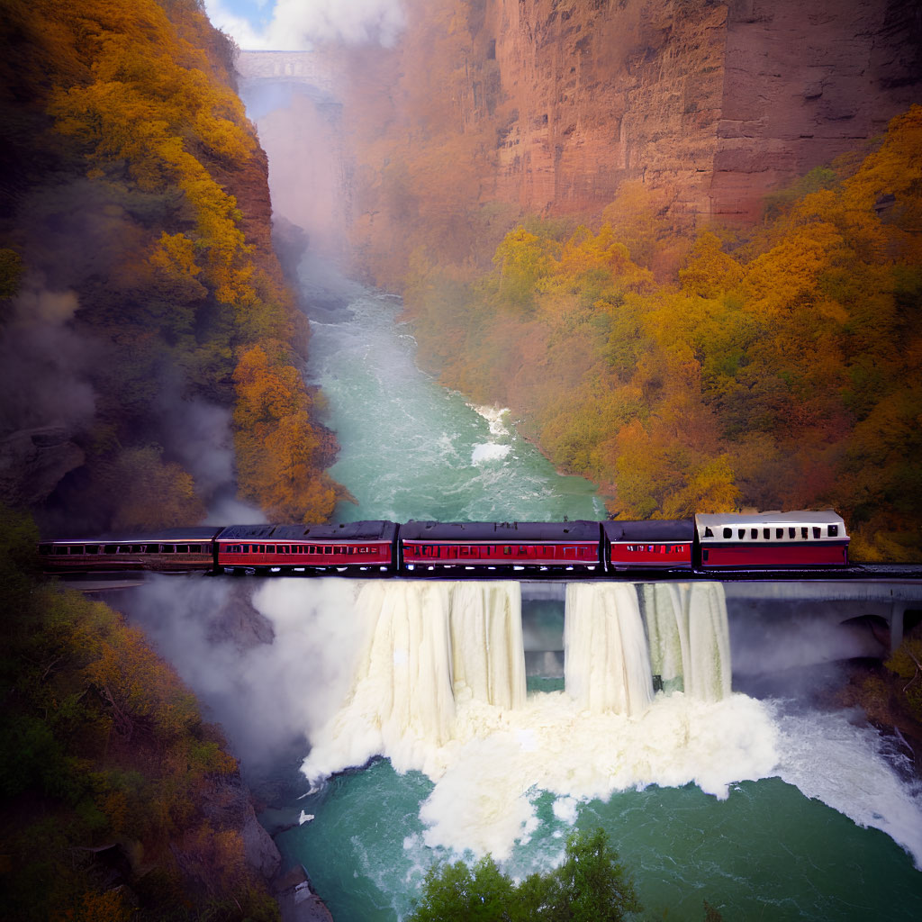 Train crossing bridge over waterfall in misty autumn canyon