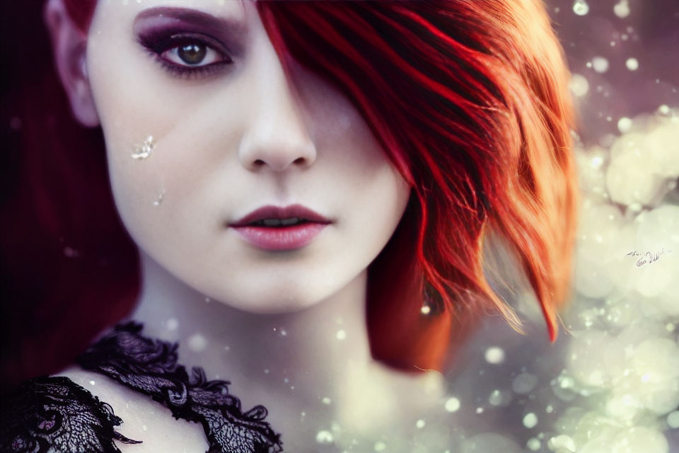 Red-haired woman with striking makeup and glitter hints on soft bokeh background