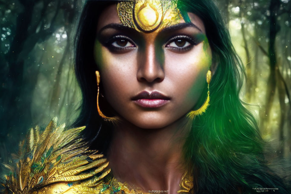 Woman with Striking Green Eyes in Ornate Golden Makeup & Jewelry in Mystical Forest