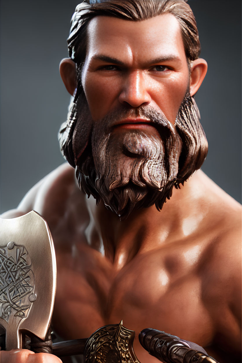 Muscular bearded warrior with braided hair holding axe in digital art.