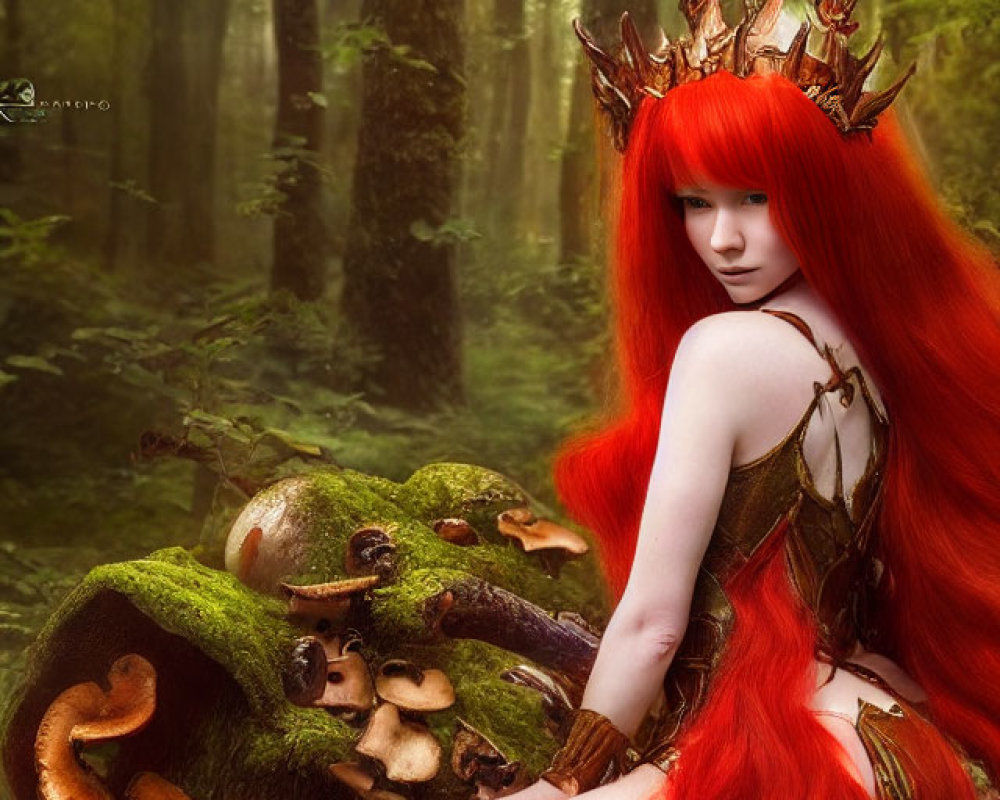 Vibrant red-haired woman with crown in mystical forest setting