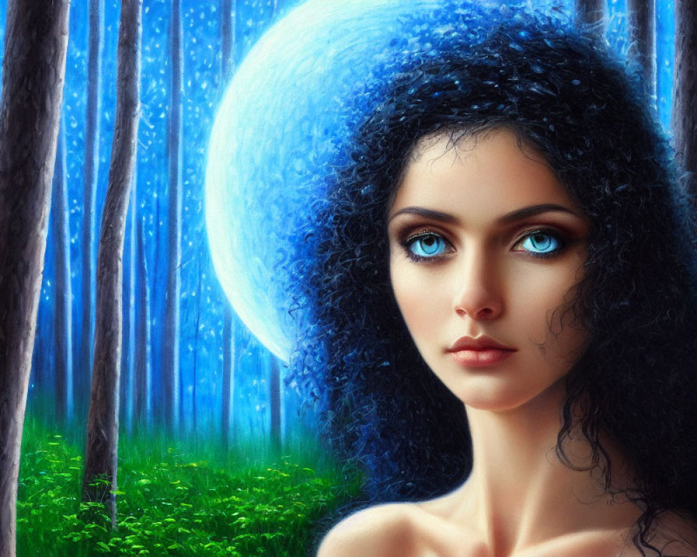 Digital portrait of woman with dark curly hair and blue eyes in mystical forest setting