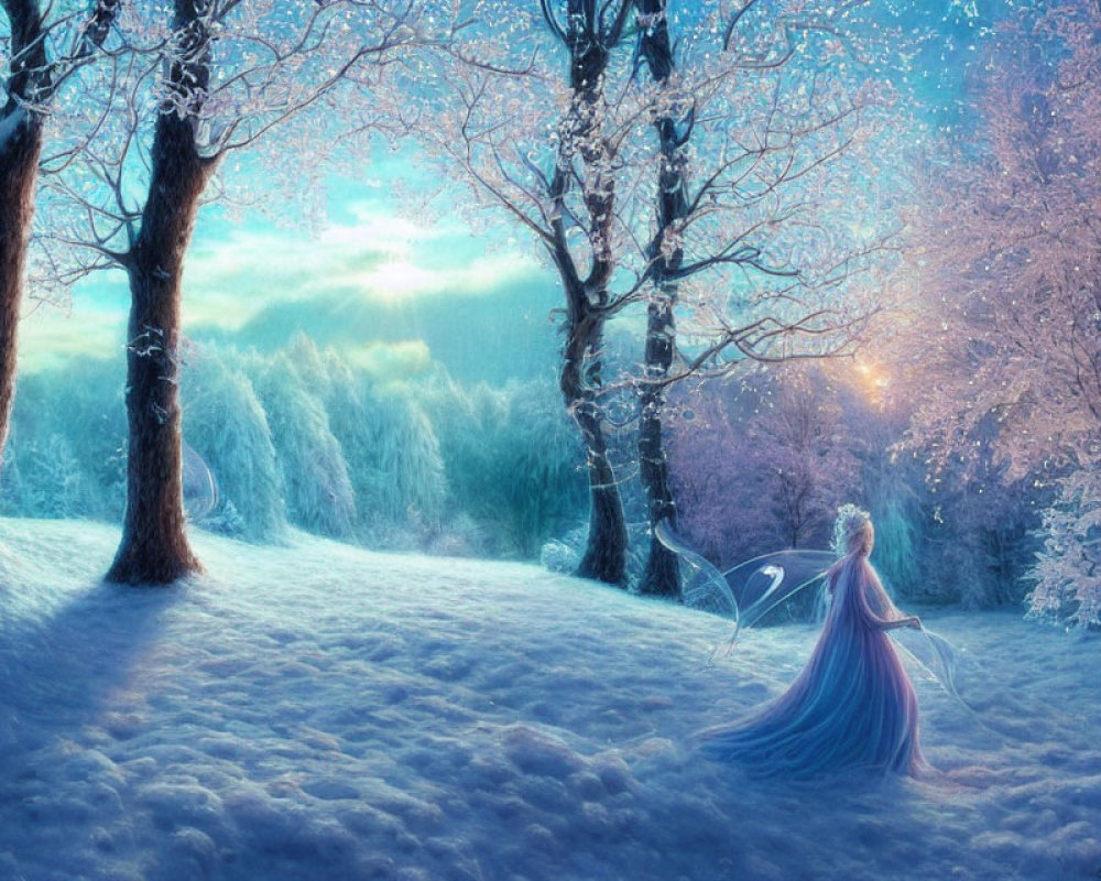 Translucent-winged fairy in purple dress in snowy enchanted forest.